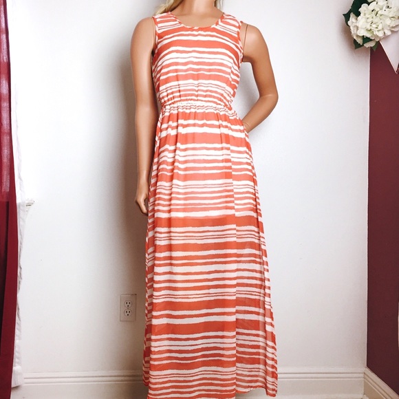Full-Length Dress with Ruched Waist and Skirt Slit Coral main image 1